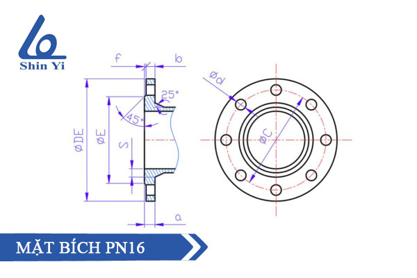 Cấu tạo mặt bích PN 16 - phụ kiện ống gang PVC hãng Shinyi